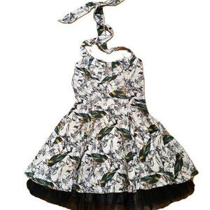 Hearts & Roses  Rockabilly Dress Pin Up 50s retro birds print halter neck, tulle